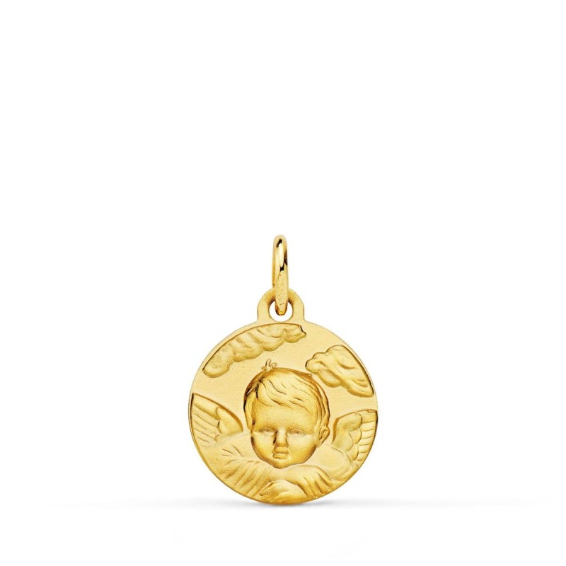 Medalla Oro Amarillo Angel Niño En La Nube Matizado. 14 Mm oro 18k