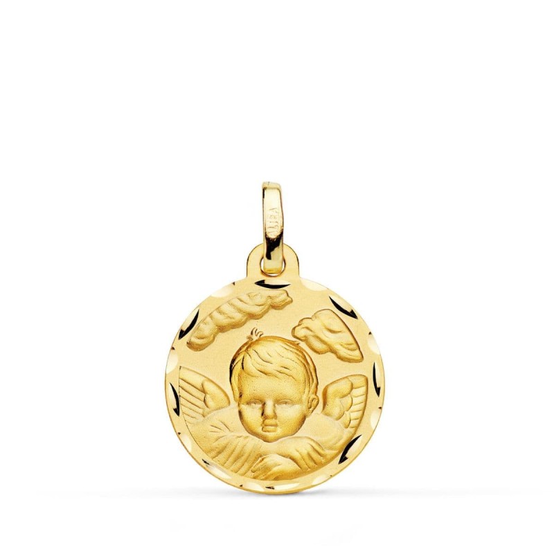 Medalla Oro Amarillo Angel Niño En La Nube Tallado 18 Mm oro 18k