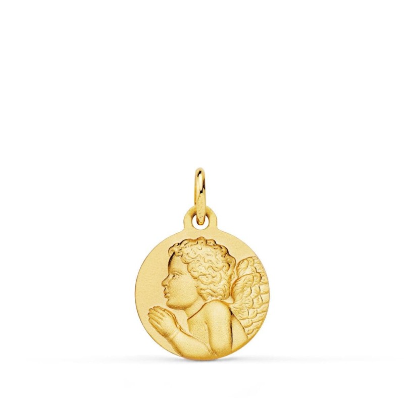 Medalla Oro Amarillo Angel Niño Piadoso Rezando Matizado. 14 Mm oro 18k