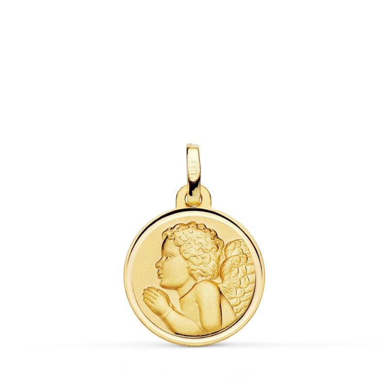 Medalla Oro Amarillo Angel Niño Piadoso Rezando Bisel 16 Mm oro 18k