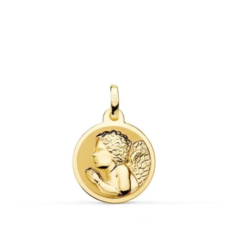 Medalla Oro Amarillo " Angel Niño Piadoso " Rezando Brillo 16 Mm oro 18k