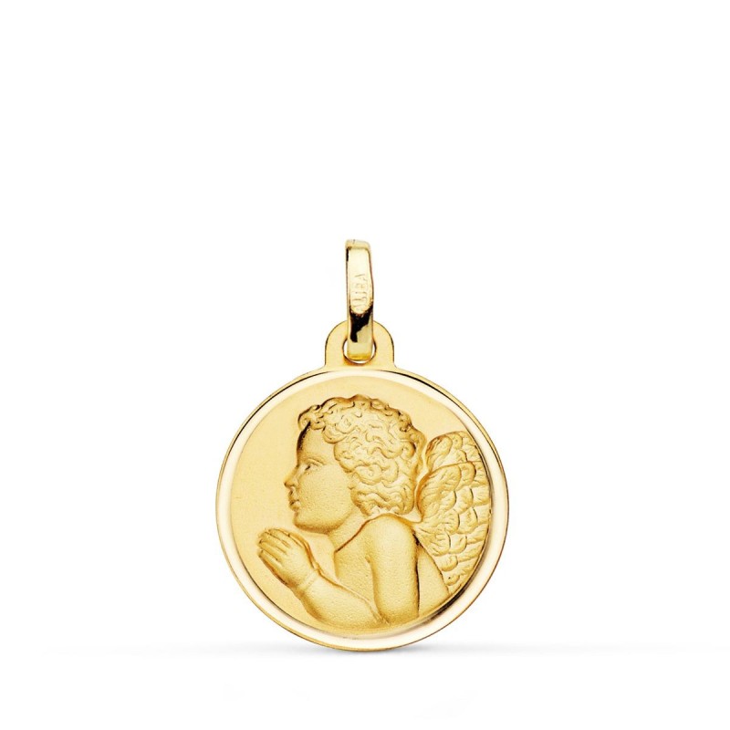 Medalla Oro Amarillo Angel Niño Piadoso Rezando Bisel 18 Mm oro 18k