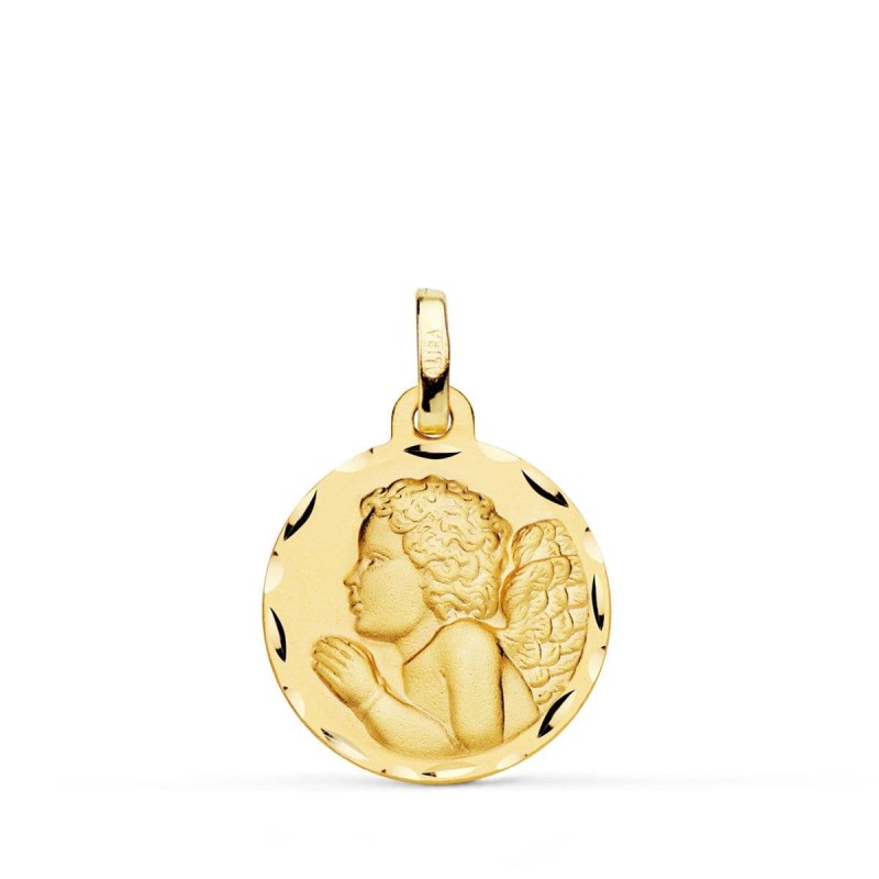 Medalla Oro Amarillo Angel Niño Piadoso Rezando Tallado 18 Mm oro 18k