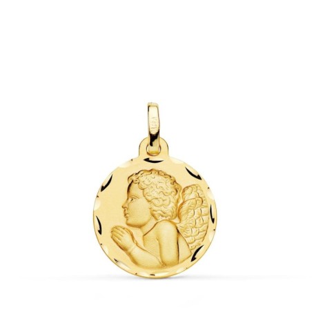 Medalla Oro Amarillo Angel Niño Piadoso Rezando Tallado 18 Mm oro 18k