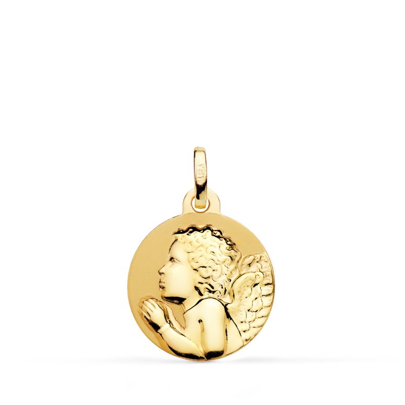 Medalla Oro Amarillo Angel Niño Piadoso Rezando Brillo 16 Mm oro 18k