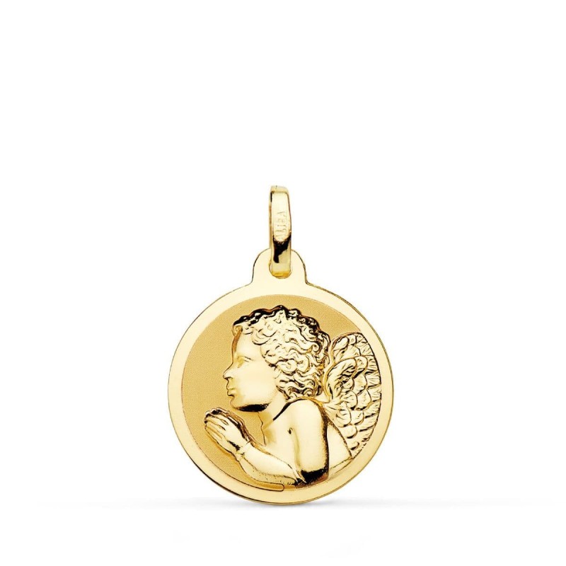 Medalla Oro Amarillo Angel Niño Piadoso Rezando Brillo 18 Mm oro 18k