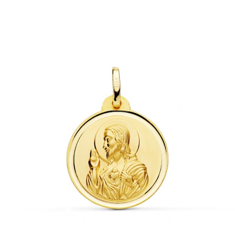 Medalla Oro Amarillo Cristo Sagrado Corazon De Jesus Bisel 20 Mm oro 18k