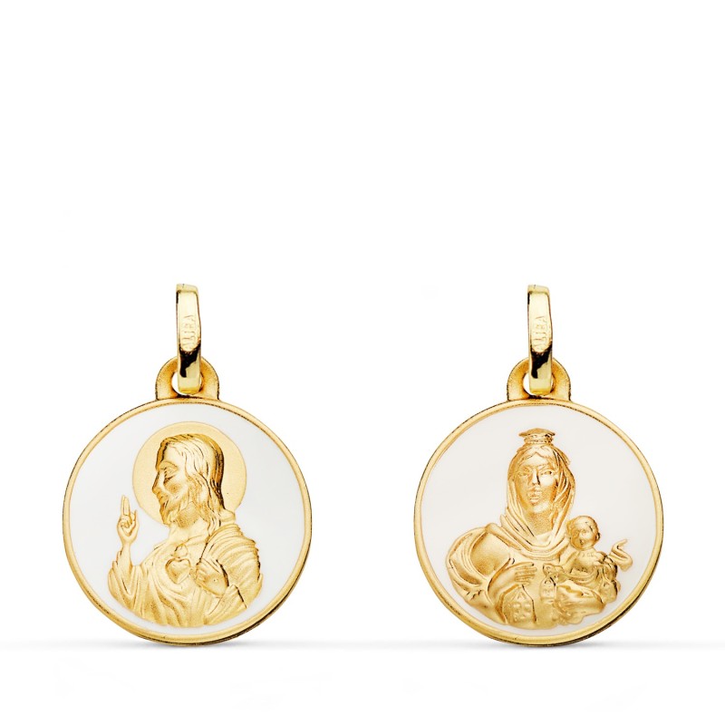 Escapulario Oro Amarillo Corazon De Jesus Y Virgen Del Carmen Esmalte Blanco. 16 Mm oro 18k