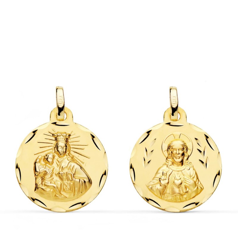 Escapulario Oro Amarillo Corazon De Jesus Y Virgen Del Carmen Tallado Oro Amarillo 18 Mm oro 18k