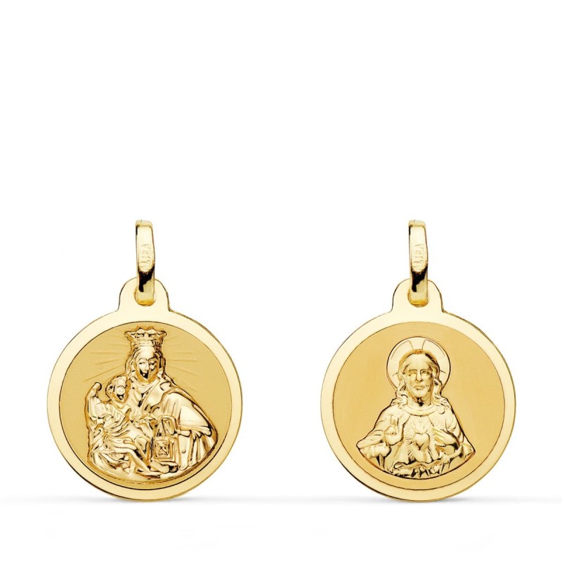 Escapulario Oro Amarillo Virgen Del Carmen Y Corazon De Jesus En Brillo 16 Mm oro 18k