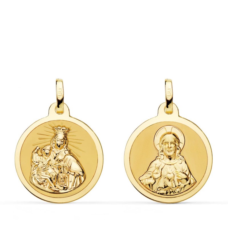 Escapulario Oro Amarillo Virgen Del Carmen Y Corazon De Jesus En Brillo 18 Mm oro 18k