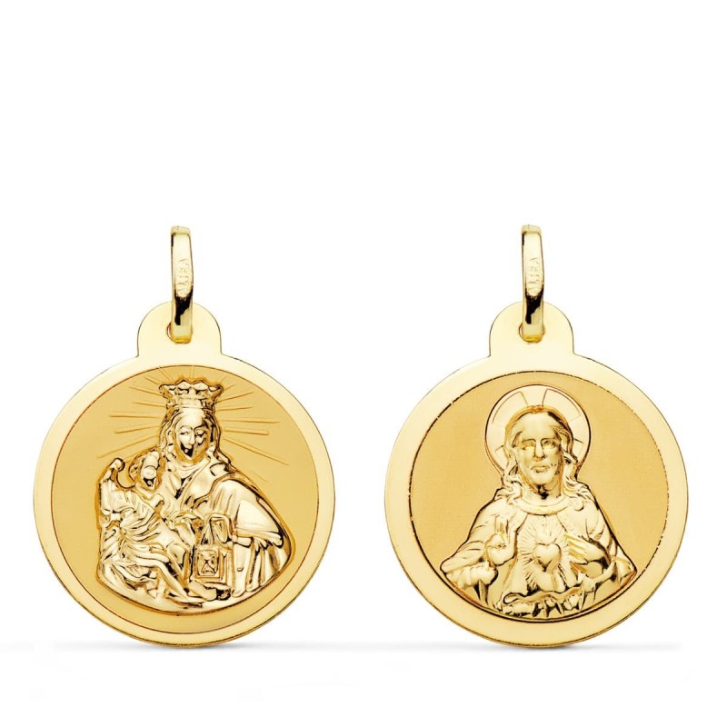 Escapulario Oro Amarillo Virgen Del Carmen Y Corazon De Jesus En Brillo 20 Mm oro 18k