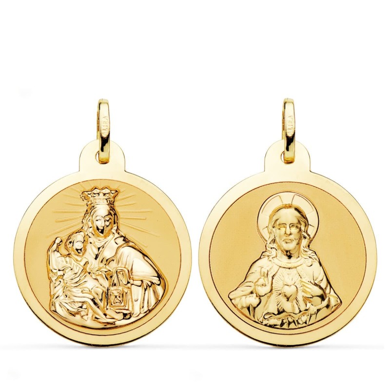 Escapulario Oro Amarillo Virgen Del Carmen Y Corazon De Jesus En Brillo 24 Mm oro 18k