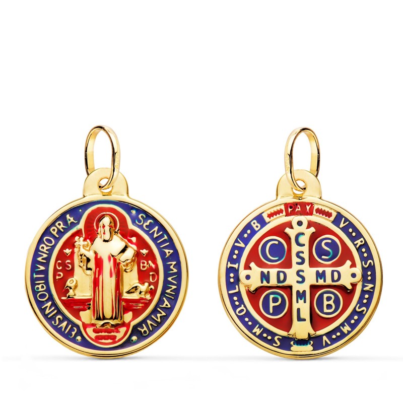 Escapulario Oro Amarillo San Benito Monje En Brillo Esmaltado. 20 Mm oro 18k