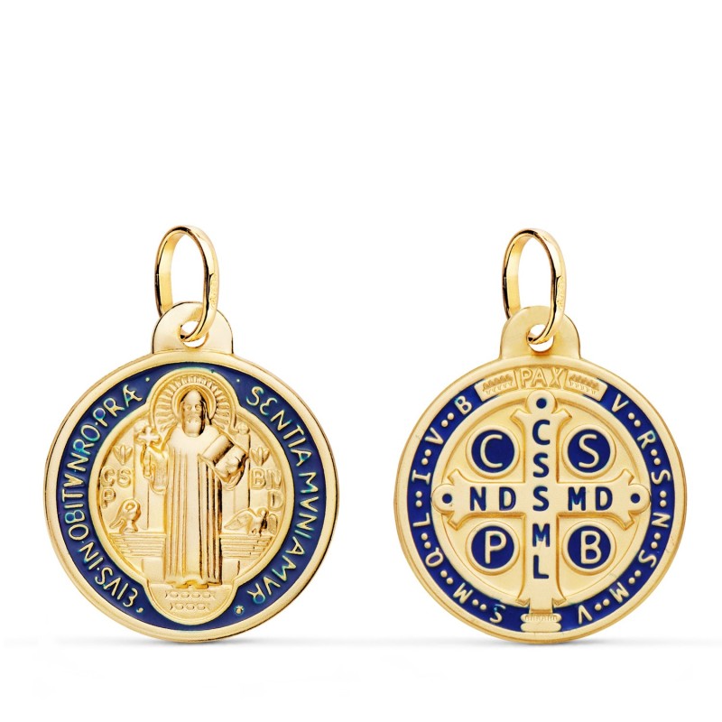 Escapulario Oro Amarillo San Benito Monje Matizado Esmalte Azul. Ancho: 20 Mm oro 18k