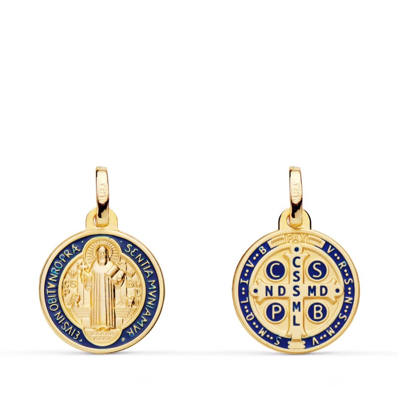 Escapulario Oro Amarillo San Benito Monje Matizado Esmalte Azul. Ancho: 14 Mm oro 18k