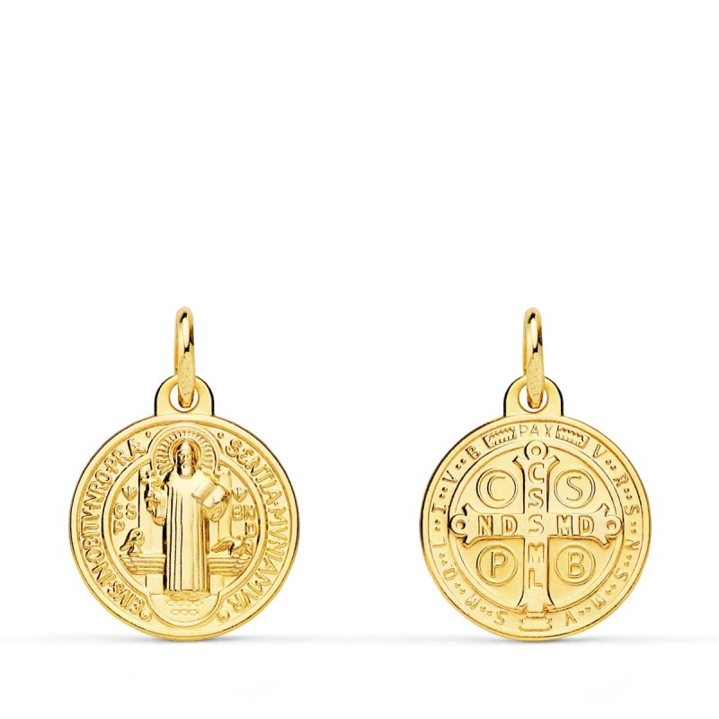 Medalla Oro Amarillo Escapulario San Benito Monje 14 Mm Matizada oro 18k