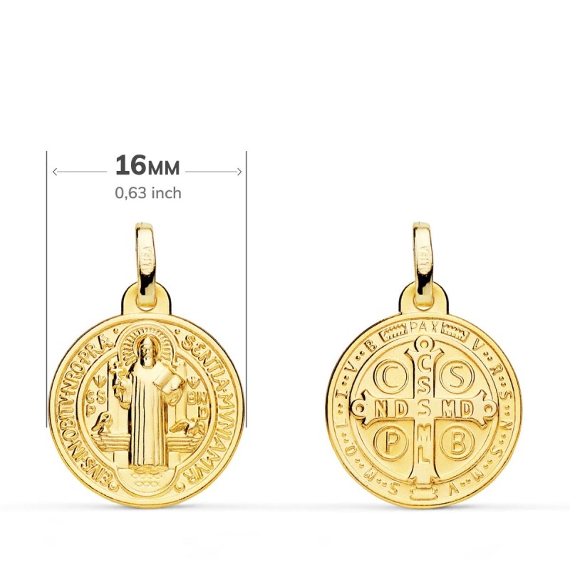 Medalla Escapulario Oro Amarillo San Benito Monje 16 Mm Matizada oro 18k