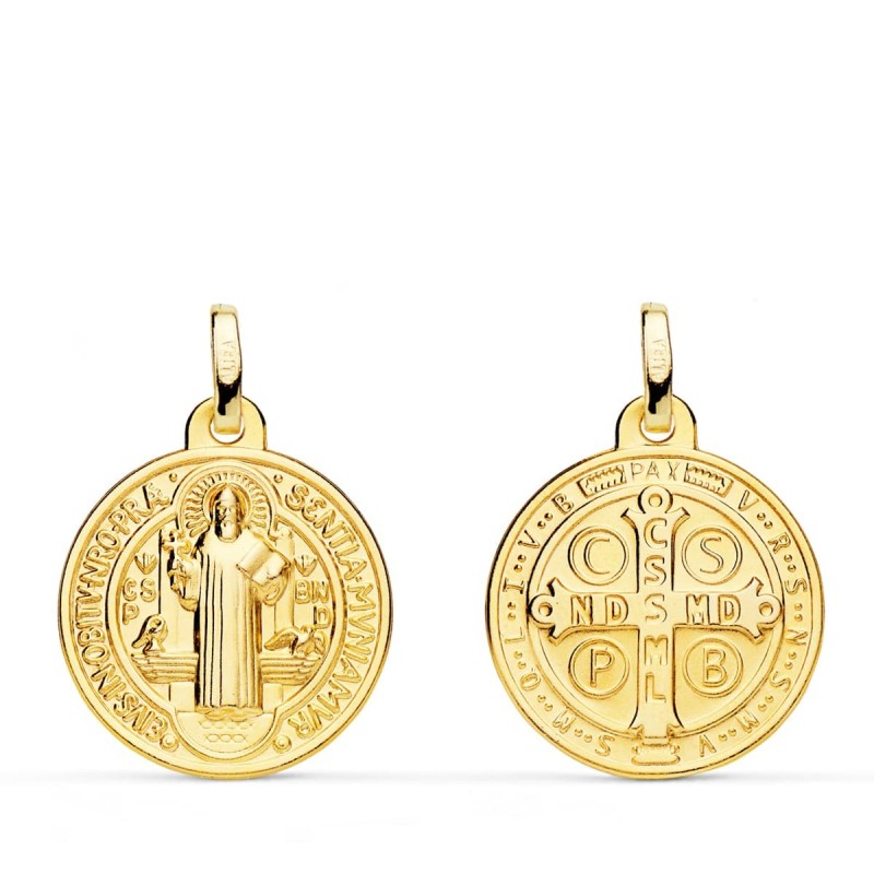 Medalla Escapulario Oro Amarillo San Benito Monje 18 Mm Matizada oro 18k
