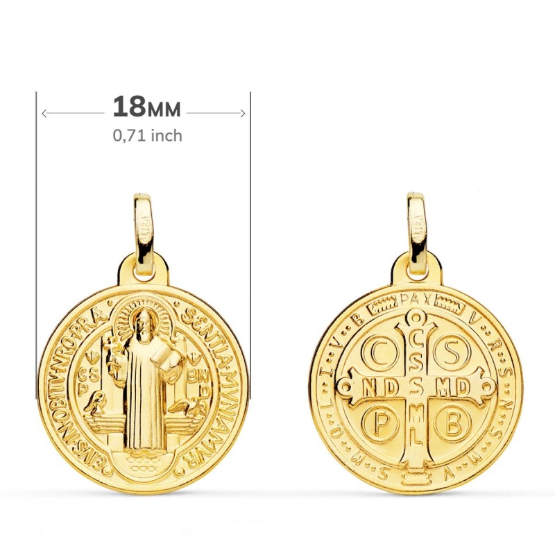 Medalla Escapulario Oro Amarillo San Benito Monje 18 Mm Matizada oro 18k