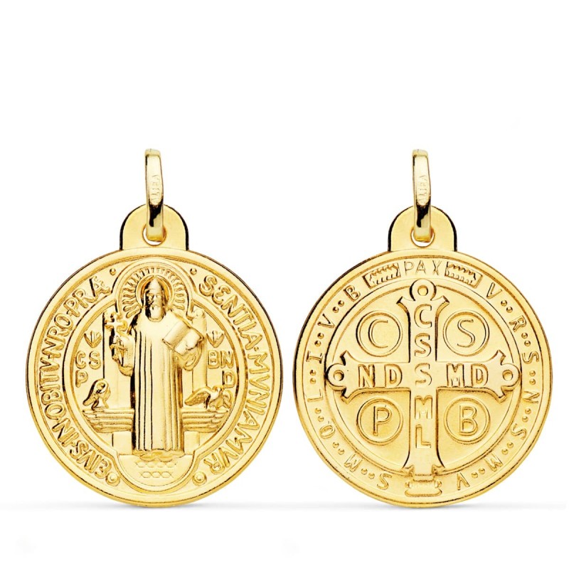 Medalla Escapulario Oro San Benito Monje 24 Mm Matizado oro 18k