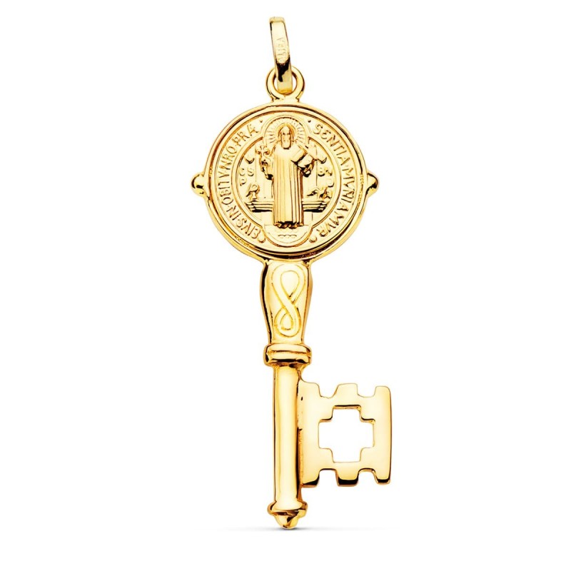 Llave Escapulario Oro Amarillo San Benito Monje Brillo Medalla Oro Amarillo 12 Mm Llave 33X16 Mm oro 18k