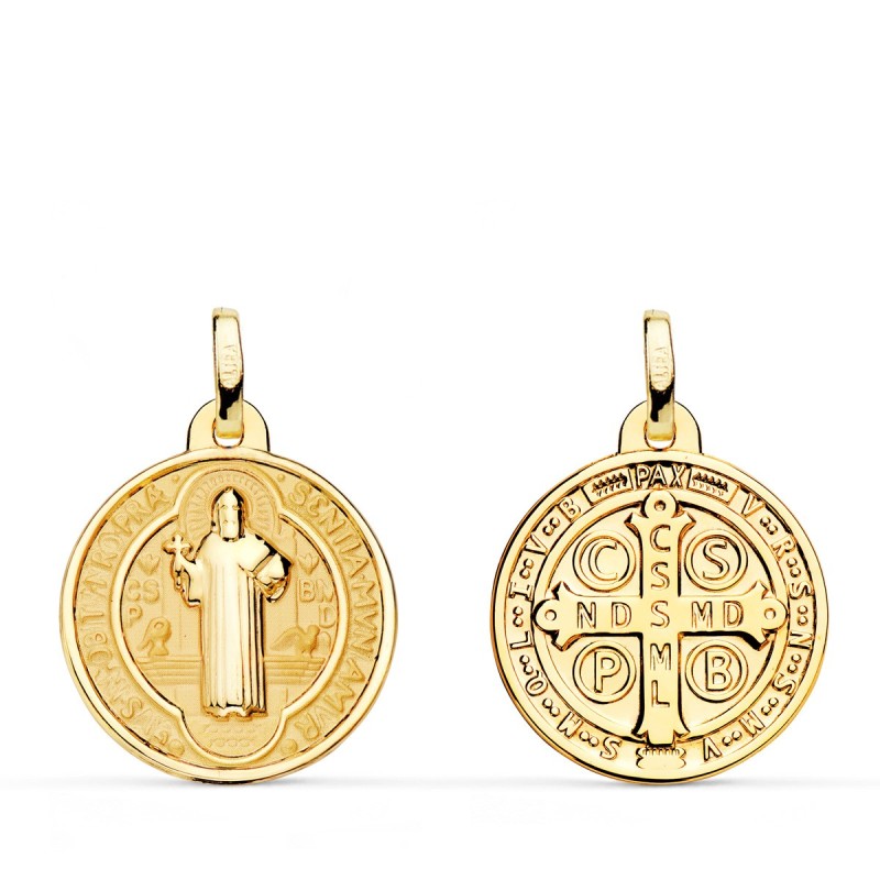 Medalla Escapulario San Benito Monje Brillo Y Fondo Matizado 16 Mm Espalda En Brillo oro 18k