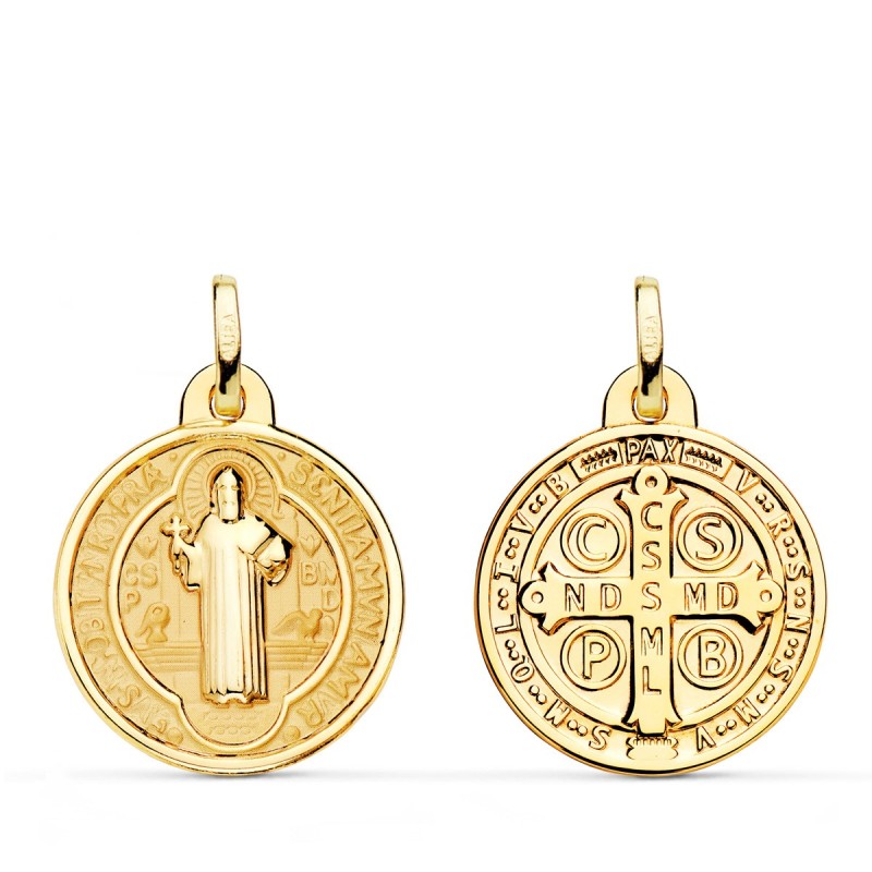 Medalla Escapulario San Benito Monje Brillo Y Fondo Matizado 20 Mm Espalda En Brillo oro 18k