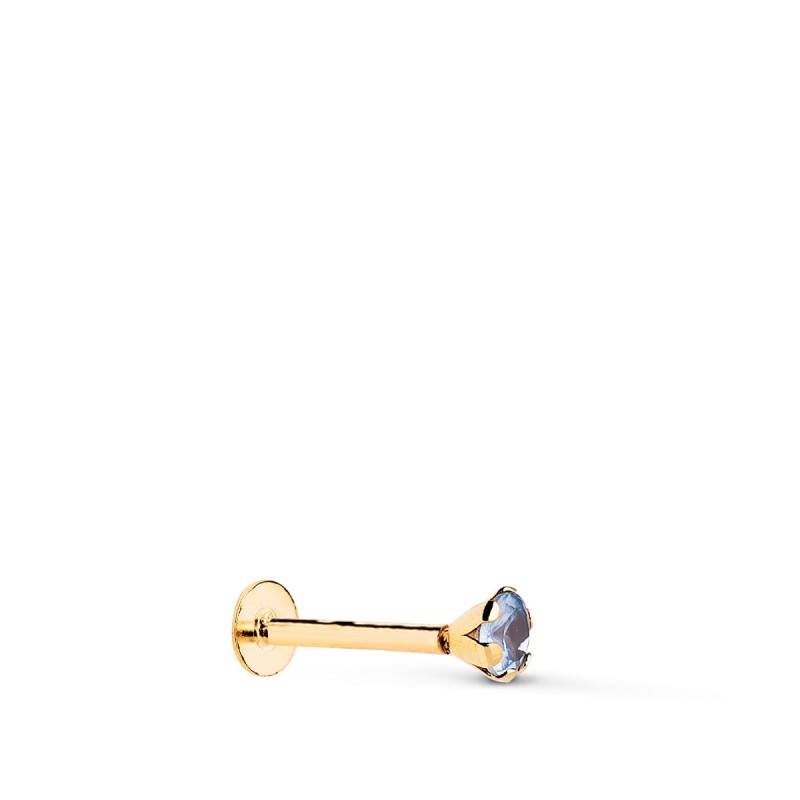 Piercing De Oreja Oro Amarillo Circonita Aguamarina Con Garras 3,5 Mm. Grueso Barra 1Mm. Cierre Tuerca oro 18k