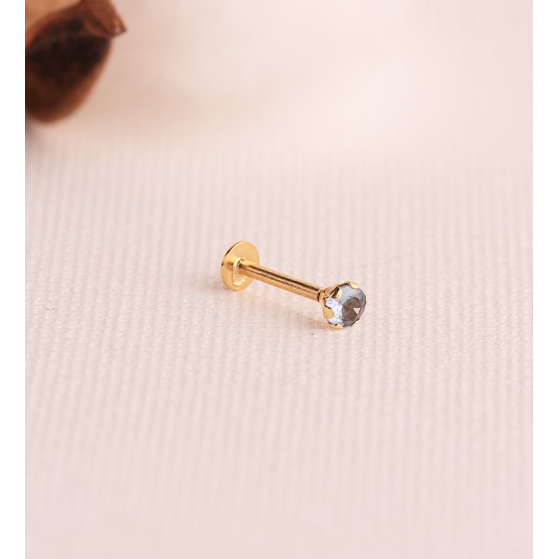 Piercing De Oreja Oro Amarillo Circonita Aguamarina Con Garras 3,5 Mm. Grueso Barra 1Mm. Cierre Tuerca oro 18k