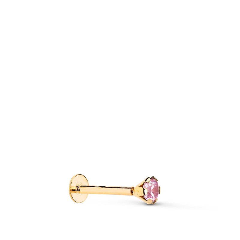 Piercing De Oreja Oro Amarillo Circonita Rosa Con Garras 3,5 Mm. Grueso Barra 1Mm. Cierre Tuerca oro 18k