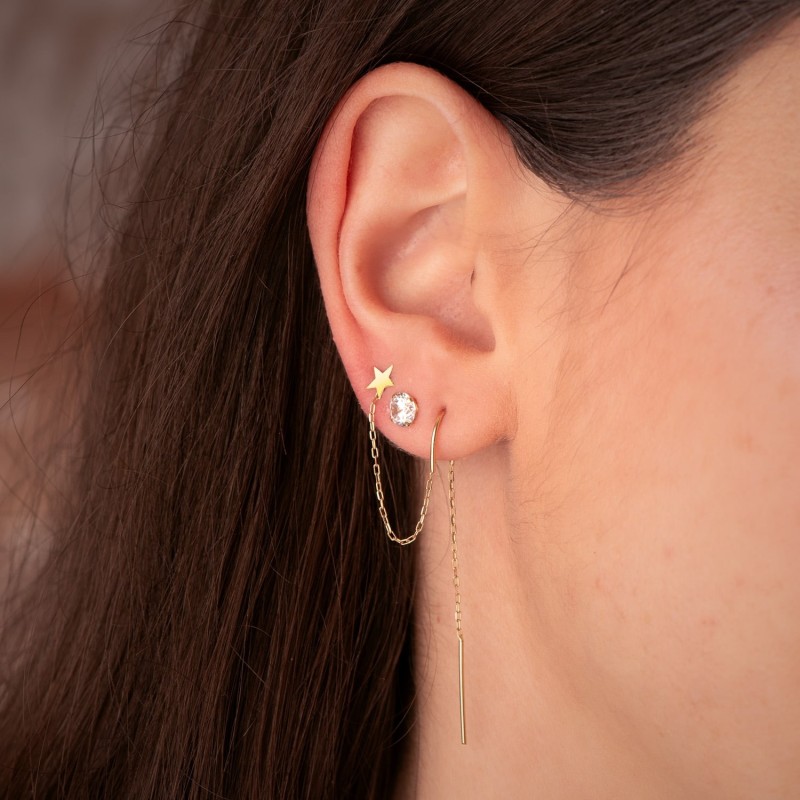 Piercing Oro Amarillo Cadena Y Estrella Para 2 Agujeros. Largo: 85 Mm (Unidad) oro 18k