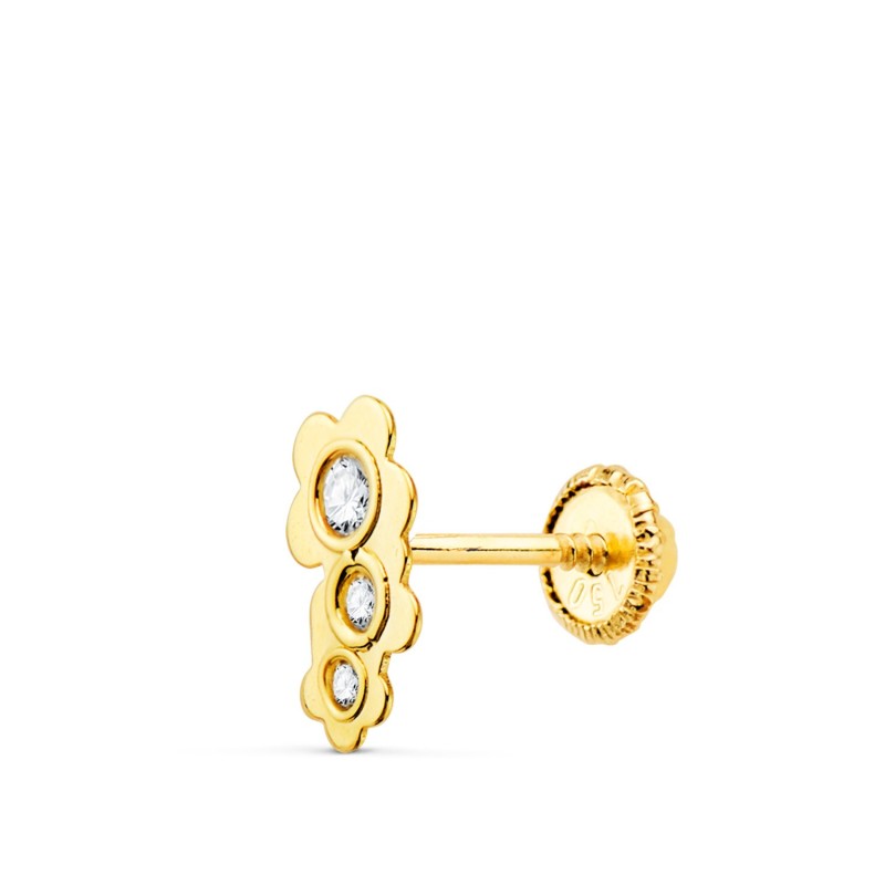 Piercing Oreja Oro Amarillo Tres Flores Con Circonita 7X4 Mm oro 18k