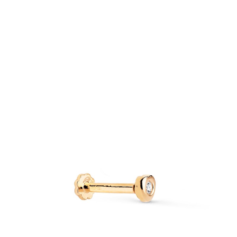 Piercing De Oreja Oro Amarillo Corazon 3X3 Mm Con Circonita. Grueso Barra 1.20 Mm. Cierre Tuerca oro 18k