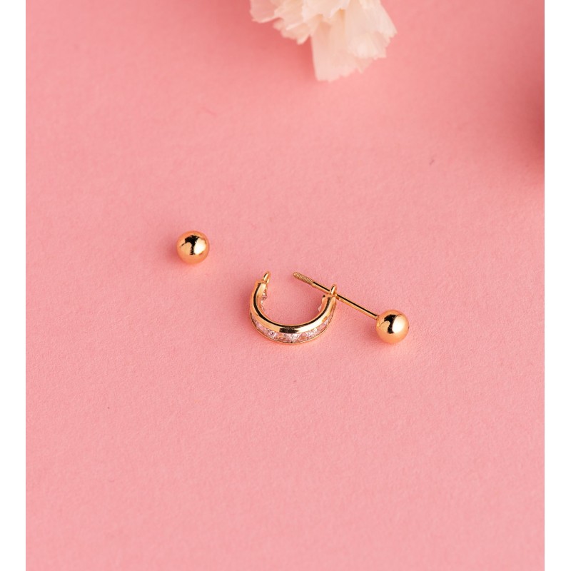 Piercing De Oreja Oro Amarillo Medio Aro Con Circonitas Carre Y Dos Bolas. Aro: 11X3Mm oro 18k