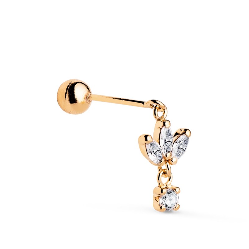 Piercing De Oreja Oro Amarillo Con 4 Circonitas. Medida: 12 X 7 Mm. Cierre Bola 4 Mm oro 18k