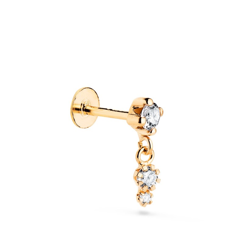 Piercing De Oreja Oro Amarillo Con Circonitas. Grueso Barra 1.20 Mm Ancho: 4 Mm Total Piercing 12 Mm Cierre Tuerca oro 18k
