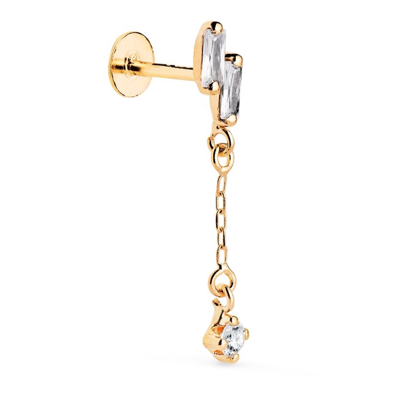 Piercing Oreja Oro Amarillo Con 2 Circonitas Baguette Y Cadena. Barra 1.20 Mm. Medida: 24 X 4 Mm. Cierre Tuerca oro 18k