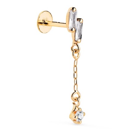 Piercing Oreja Oro Amarillo Con 2 Circonitas Baguette Y Cadena. Barra 1.20 Mm. Medida: 24 X 4 Mm. Cierre Tuerca oro 18k