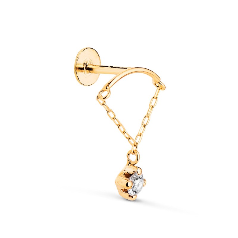 Piercing De Oreja Oro Amarillo Curva Con Cadena Y Circonita. Grueso Barra 1.20 Mm. Medida: 15 X 12 Mm.oro 18k