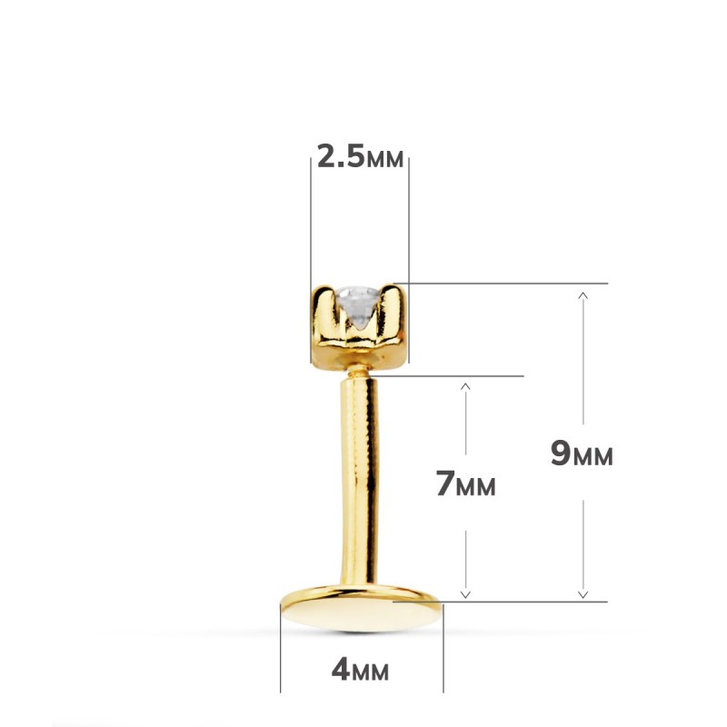 Piercing Labio Oro Amarillo Circonita Garras 2.5 Mm Grueso Barra 1.20 Mm Longitud 7 Mm Total Piercing 9 Mmoro 18k