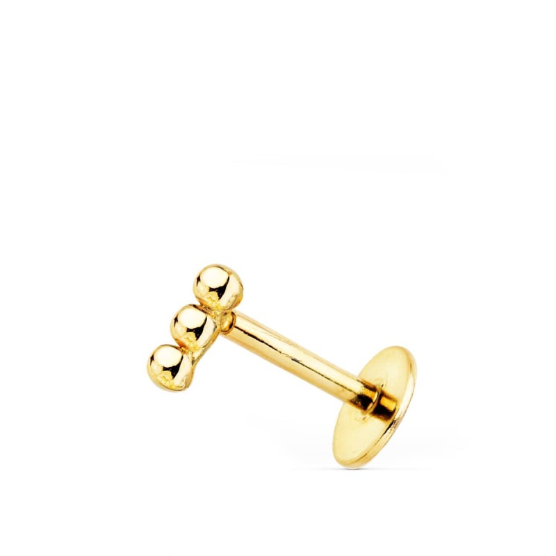 Piercing Oreja Oro Amarillo 3 Bolas Lisas 6X2 Mm ( Unidad ) Grueso Barra 1.20 Mm Longitud 7 Mm Total Piercing 9 Mm oro 18k