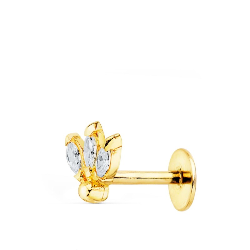 Piercing Oreja Oro Amarillo Tres Hojitas Circonita 6.5X6 Mm ( Unidad ) oro 18k