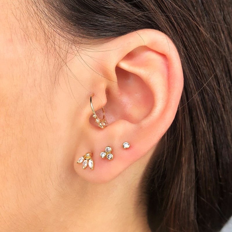 Piercing Oreja Oro Amarillo Tres Hojitas Circonita 6.5X6 Mm ( Unidad ) oro 18k