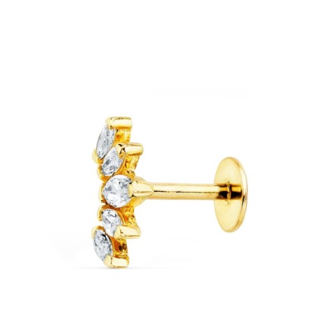 Piercing Oreja Oro Amarillo Hojitas Con Circonita 9X6 Mm ( Unidad )  Barra 1.20 Mm Longitud 7 Mm Total 10 Mm oro 18k