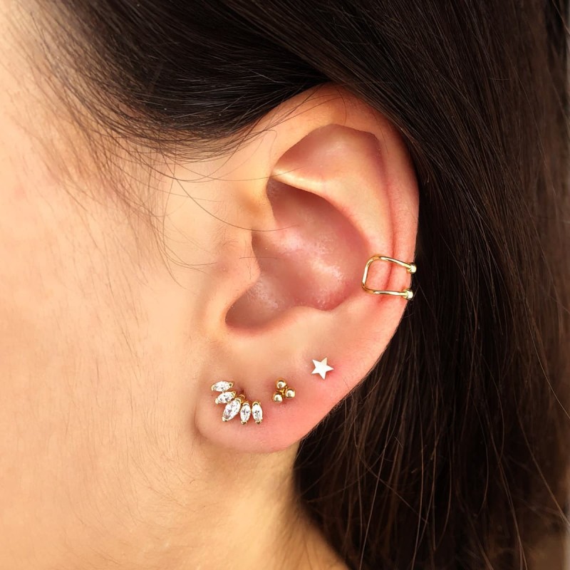 Piercing Oreja Oro Amarillo Hojitas Con Circonita 9X6 Mm ( Unidad )  Barra 1.20 Mm Longitud 7 Mm Total 10 Mm oro 18k