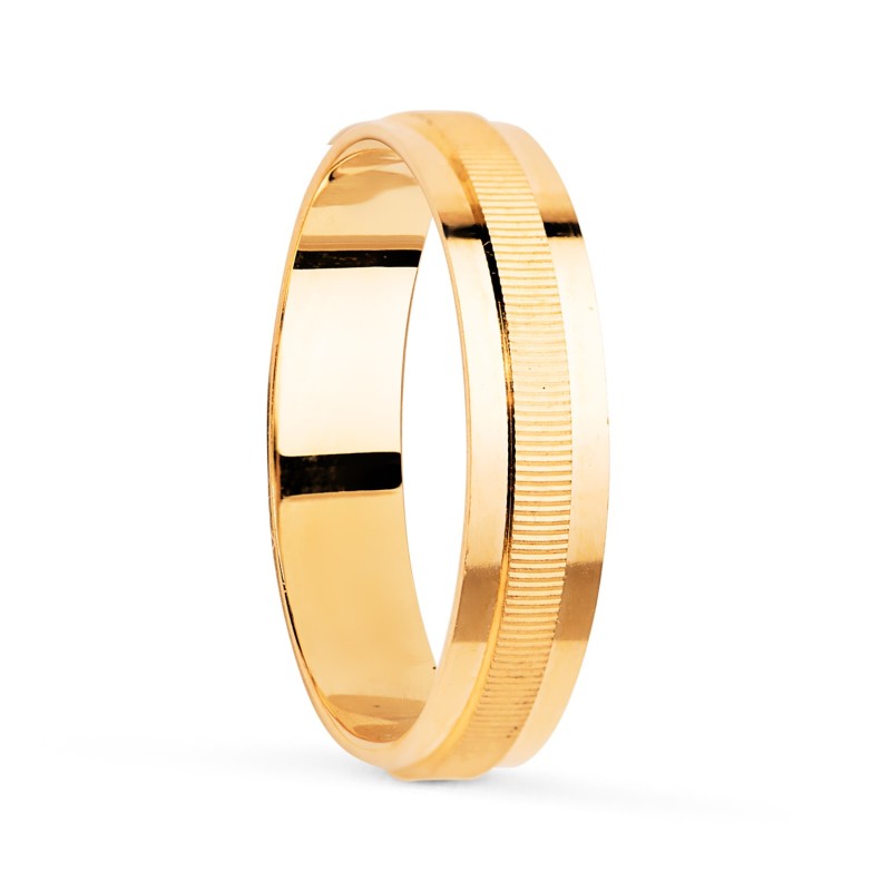 Alianza Oro Amarillo Fila Central Estriada Y Bordes Brillo. Ancho: 4 mm oro 18k