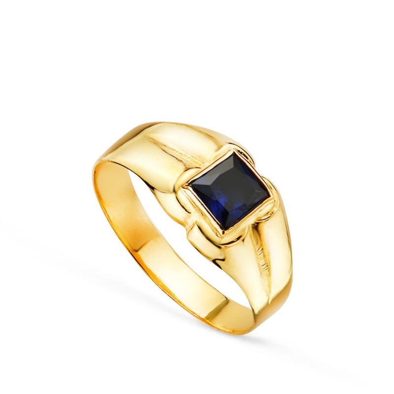 Solitario Oro Amarillo Pequeño Bebe O Meñique Circonita Azul Cuadrada 3.5mm oro 18k
