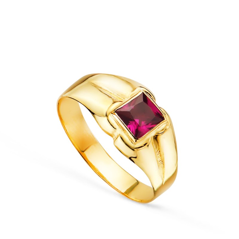 Solitario Oro Amarillo Pequeño Bebe O Meñique Circonita Roja Cuadrada 3,5mm oro 18k