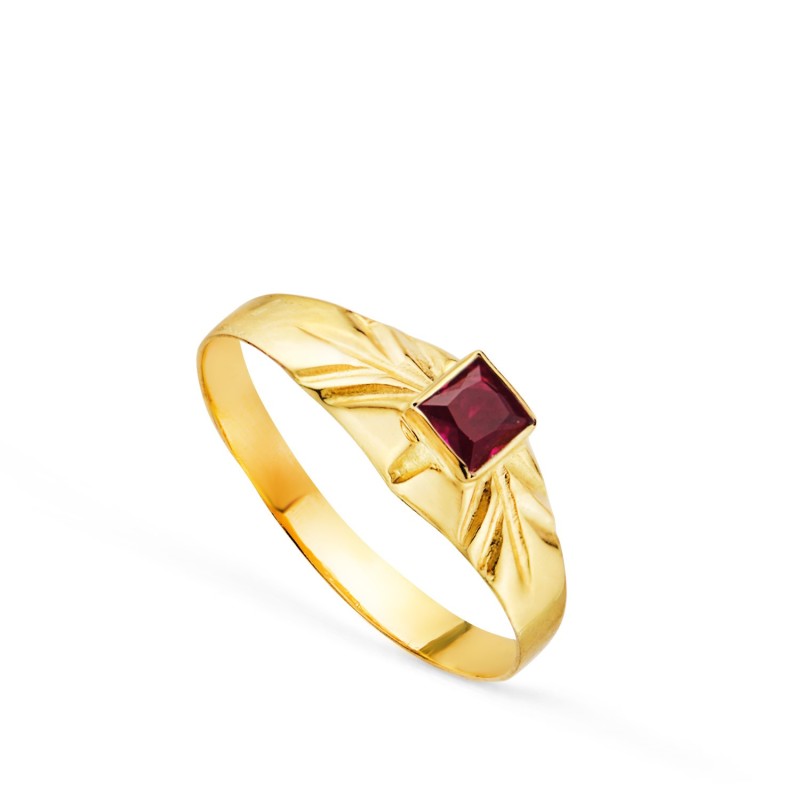 Solitario Oro Amarillo Pequeño Bebe O Meñique Circonita Roja Cuadrada 3mm oro 18k